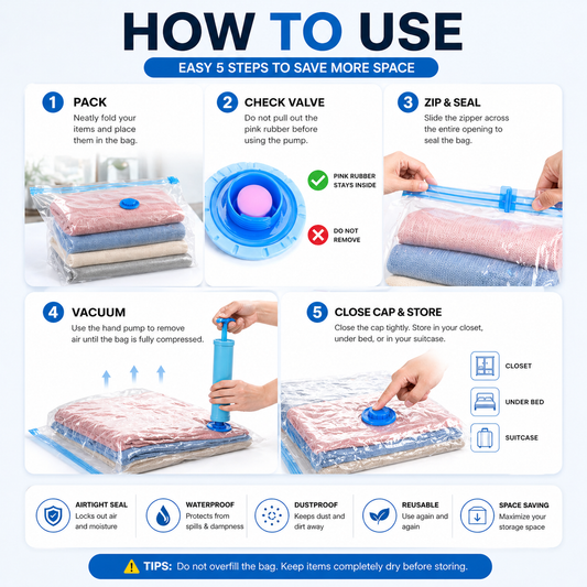 Vacuum Storage Bags with Hand Pump – Space Saving Compression Bags for Clothes & Travel