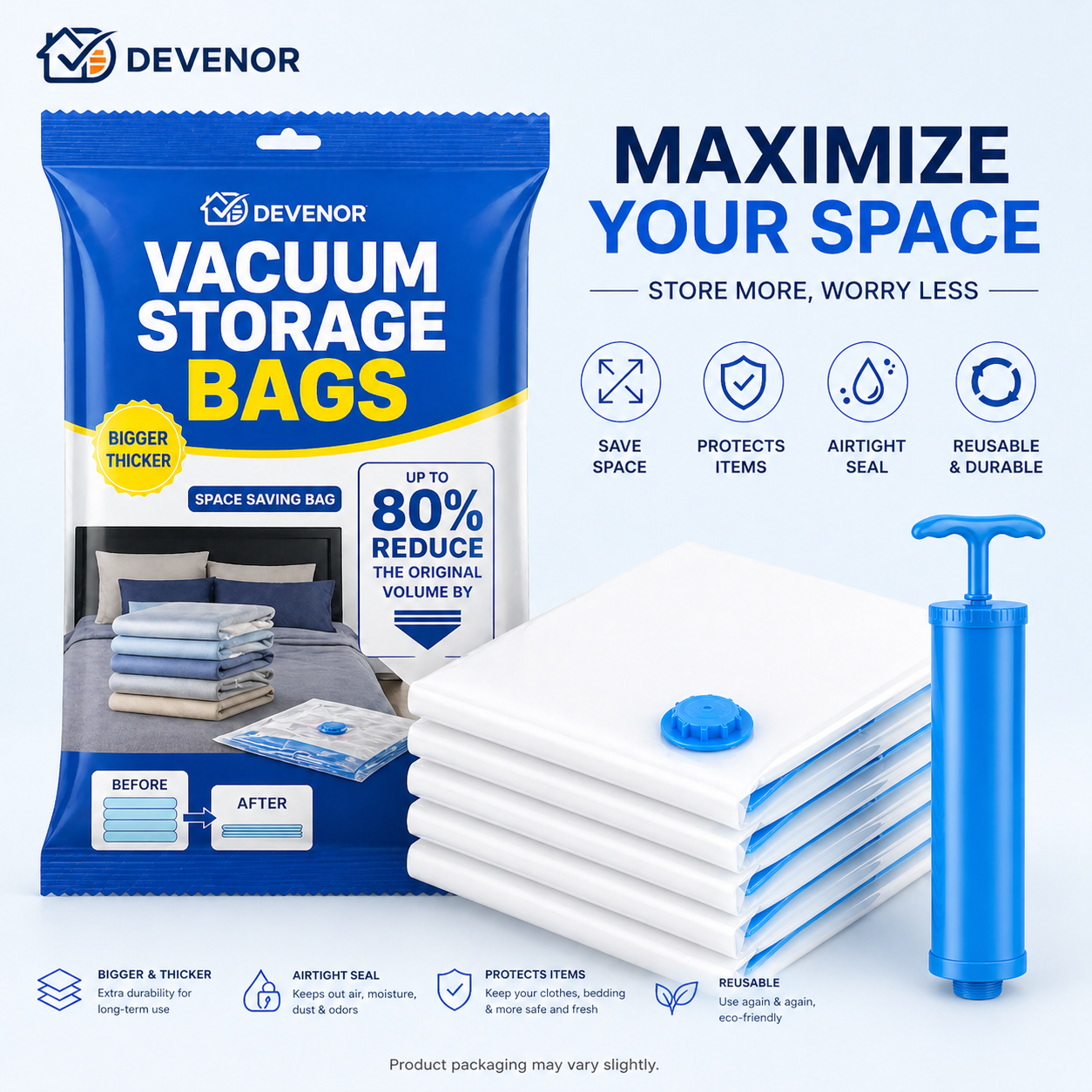 Vacuum Storage Bags with Hand Pump – Space Saving Compression Bags for Clothes & Travel