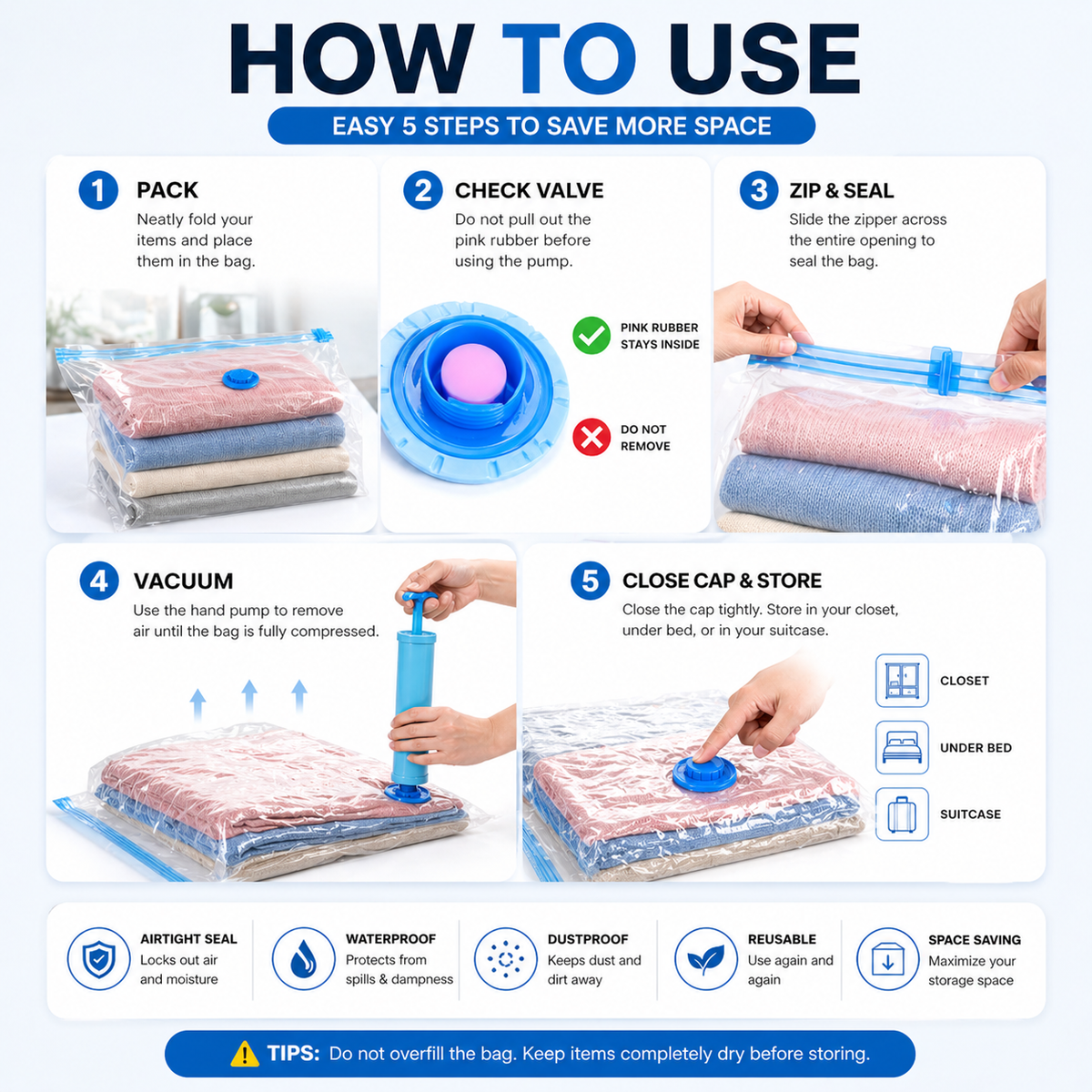 Vacuum Storage Bags with Hand Pump – Space Saving Compression Bags for Clothes & Travel