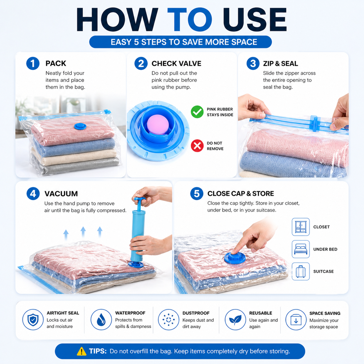 Vacuum Storage Bags with Hand Pump – Space Saving Compression Bags for Clothes & Travel
