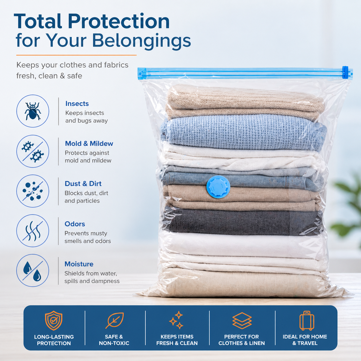 Vacuum Storage Bags with Hand Pump – Space Saving Compression Bags for Clothes & Travel