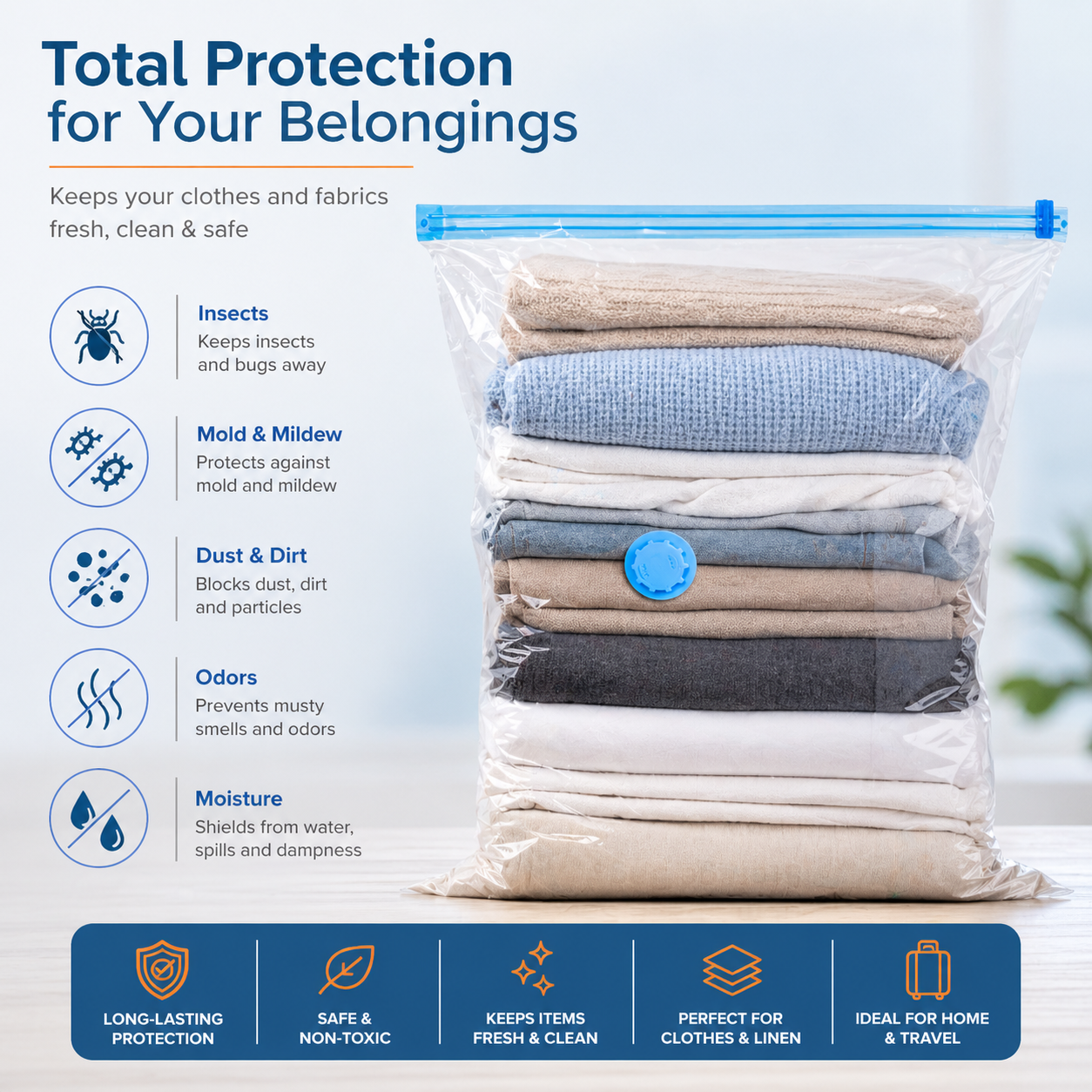 Vacuum Storage Bags with Hand Pump – Space Saving Compression Bags for Clothes & Travel