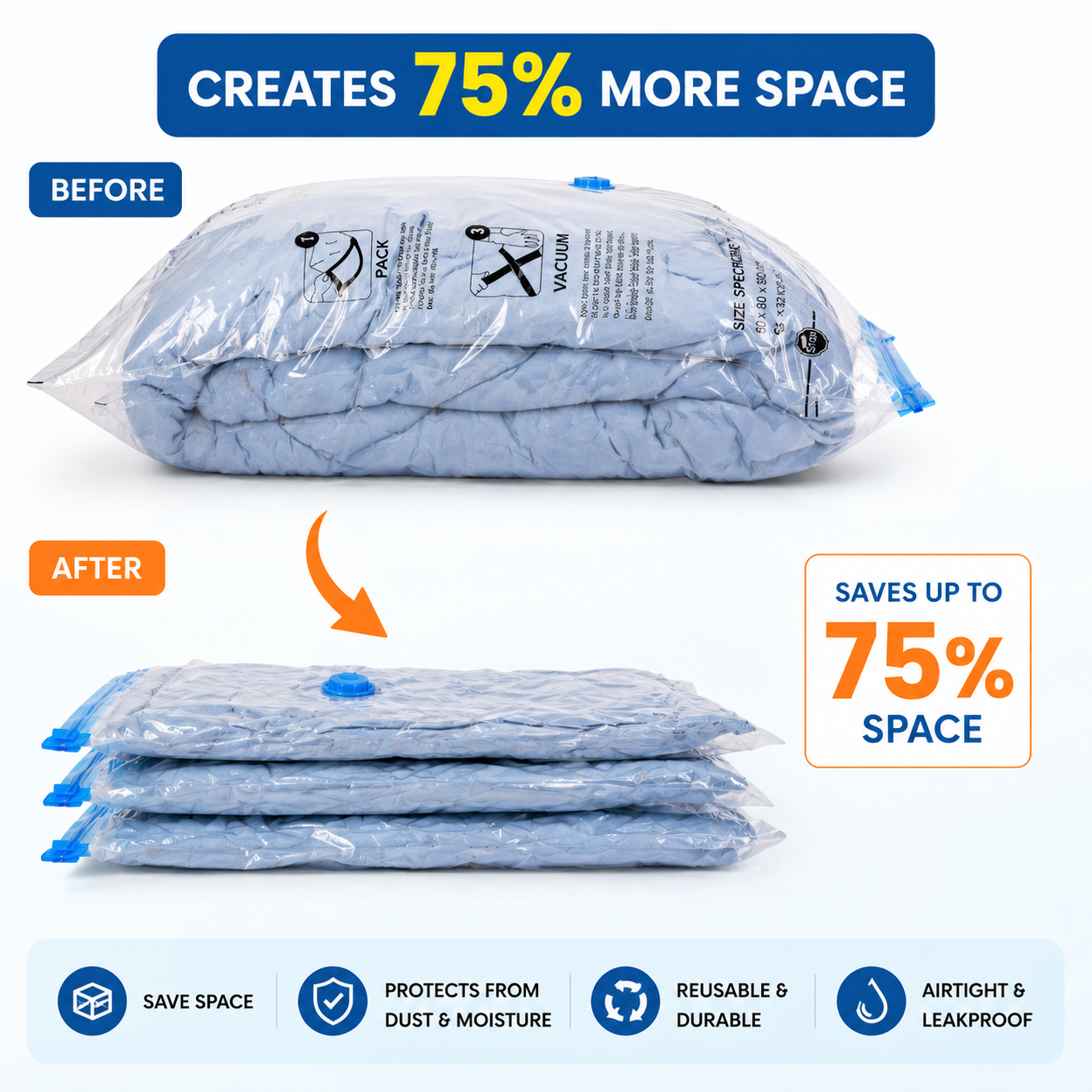 Vacuum Storage Bags with Hand Pump – Space Saving Compression Bags for Clothes & Travel