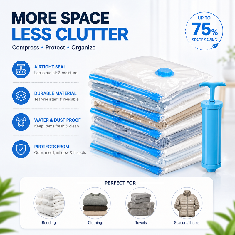 Vacuum Storage Bags with Hand Pump – Space Saving Compression Bags for Clothes & Travel